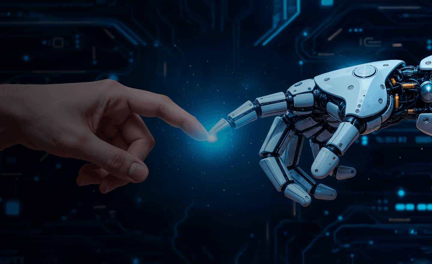 Human hand and robot hand reaching toward each other
